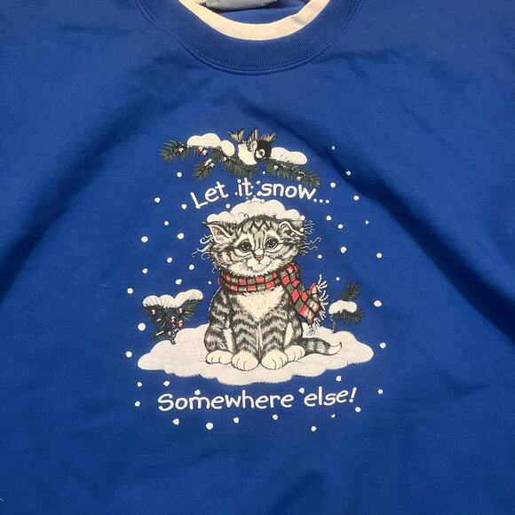 Vintage Women 2XL Cat Let it Snow Elsewhere Blue Pullover Sweatshirt Grandpa - Picture 1 of 7